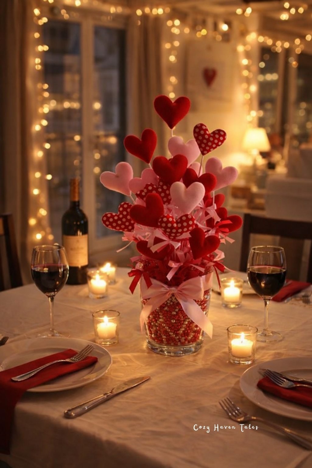 Romantic dining table setup with string lights and red themed decor