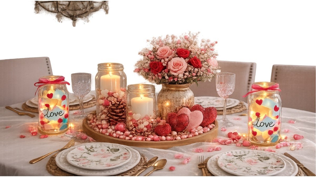Valentine’s Day table decoration with mason jars, candles, and pink floral centerpiece