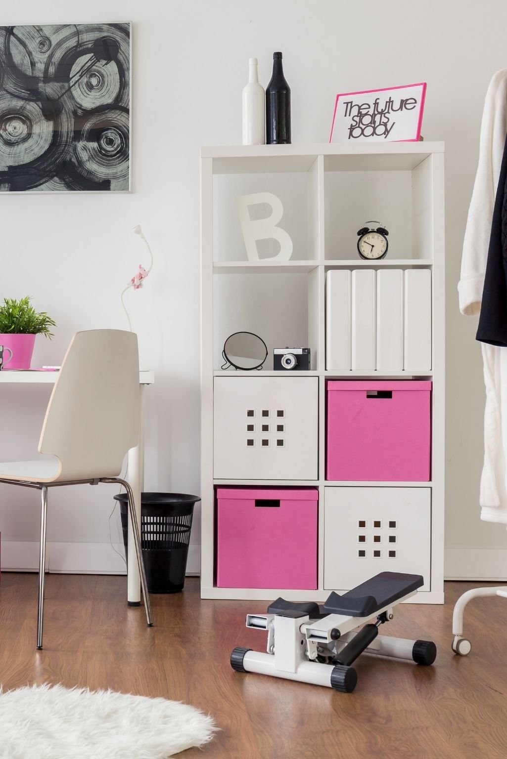 Overfilled shelves with storage bins showing one of the 7 red flags your home has too much stuff