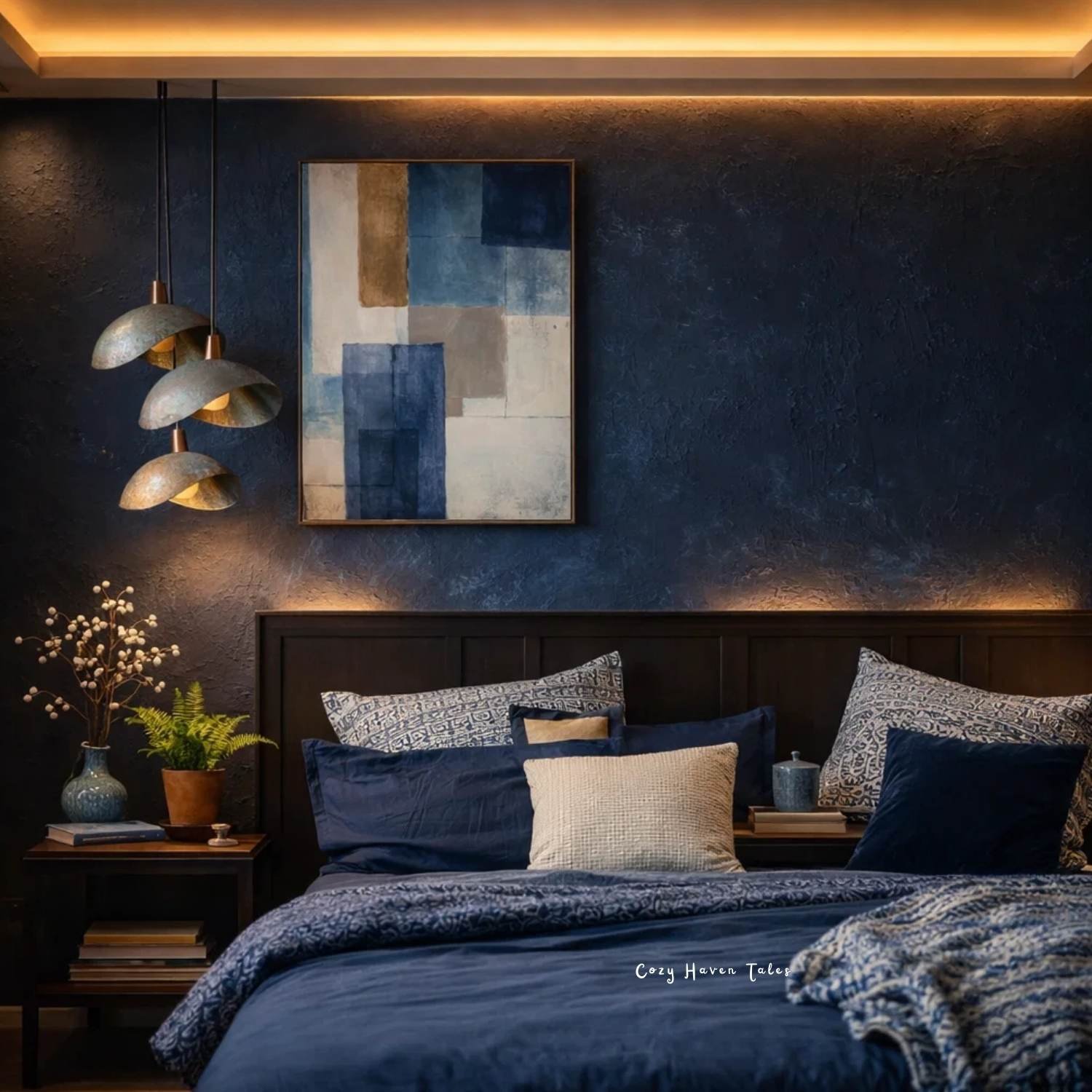 Blue is the warmest color in this intimate navy bedroom with soft lighting and layered bedding.