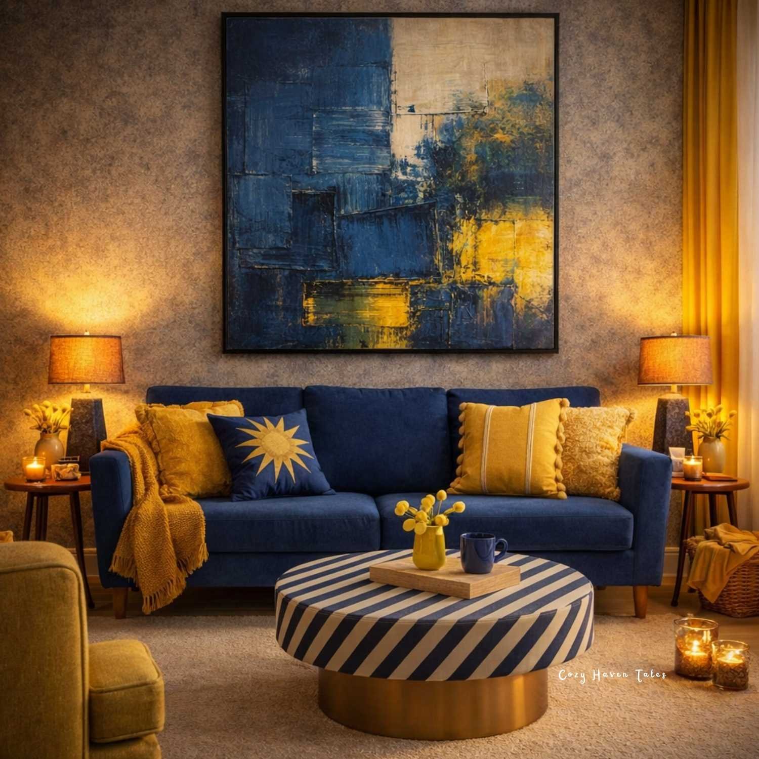Blue is the warmest color in this cozy navy living room with warm lighting and textured decor.
