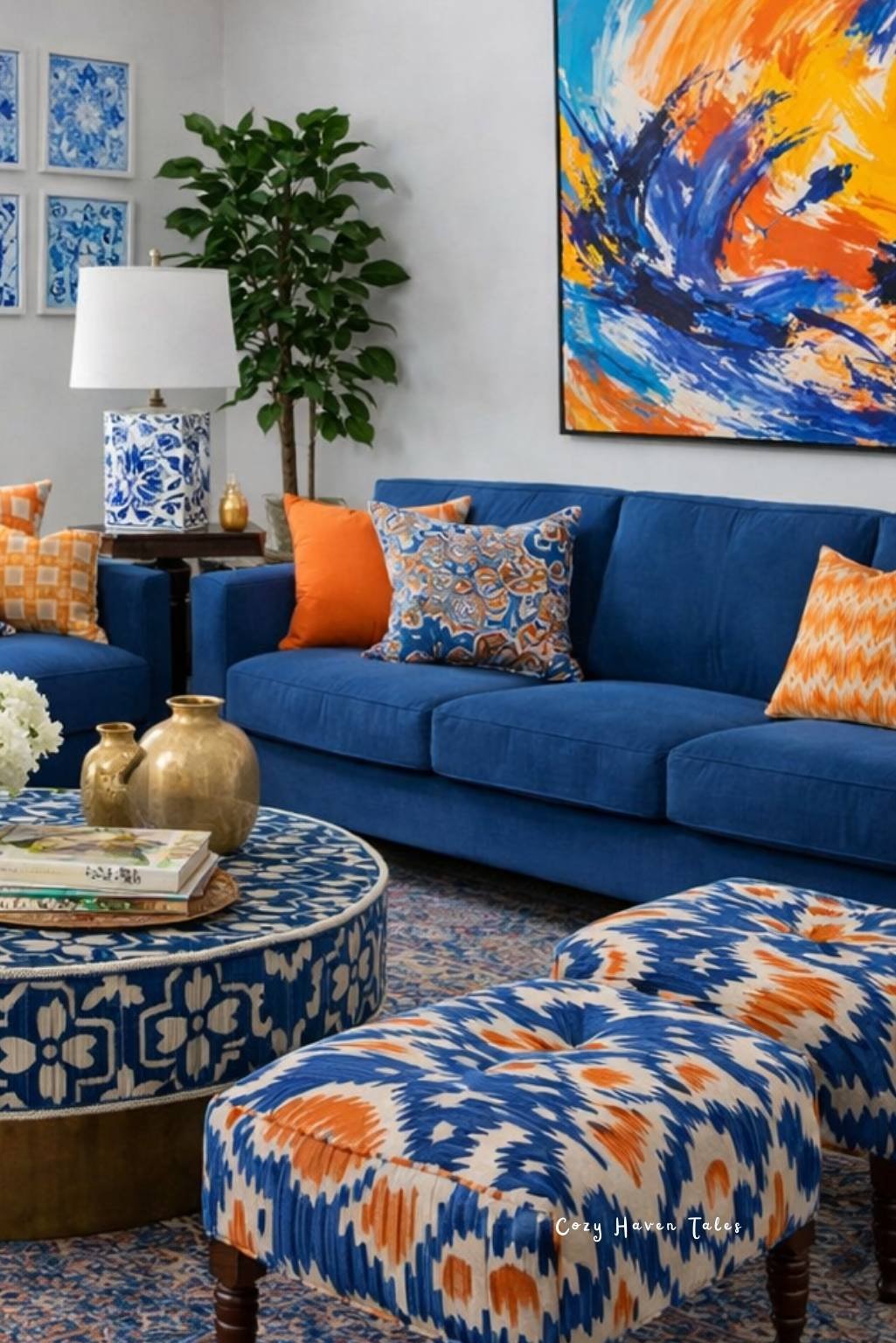 Blue is the warmest color in this vibrant cobalt living room with orange accents and warm wood tones.