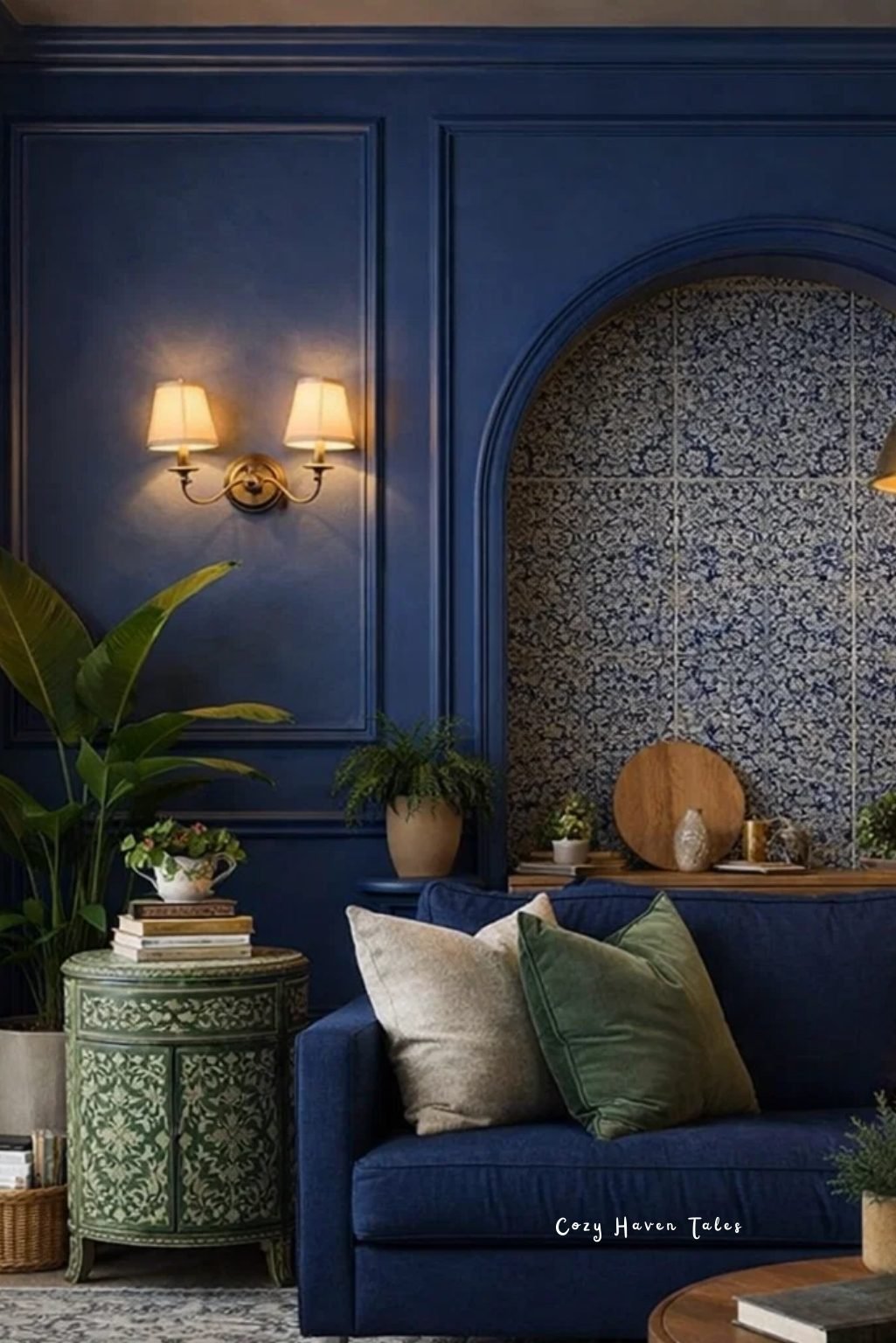 Blue is the warmest color in this navy entryway with soft wall lighting and textured decor.