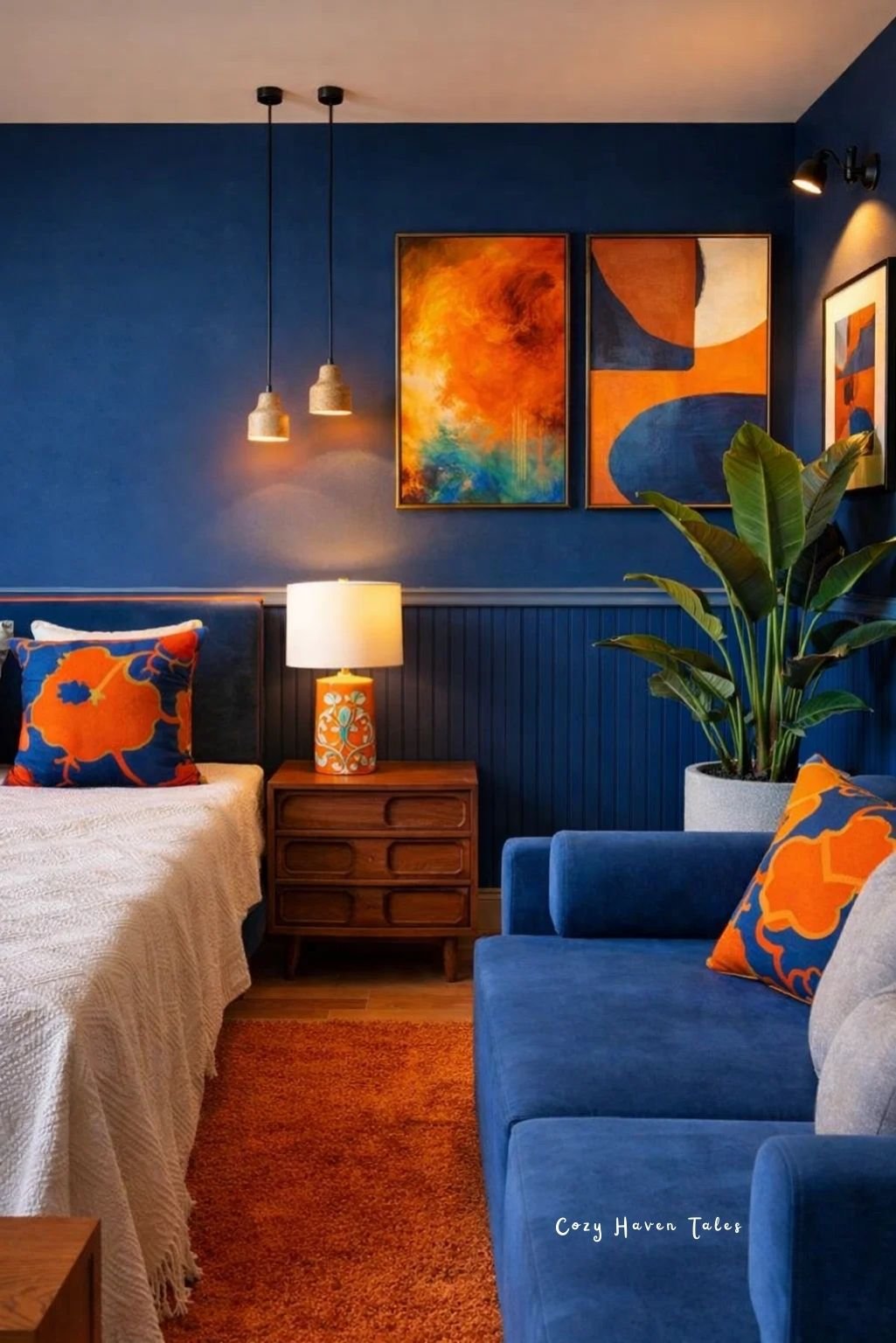 Navy bedroom corner with warm lighting and bold artwork creating a cozy atmosphere.