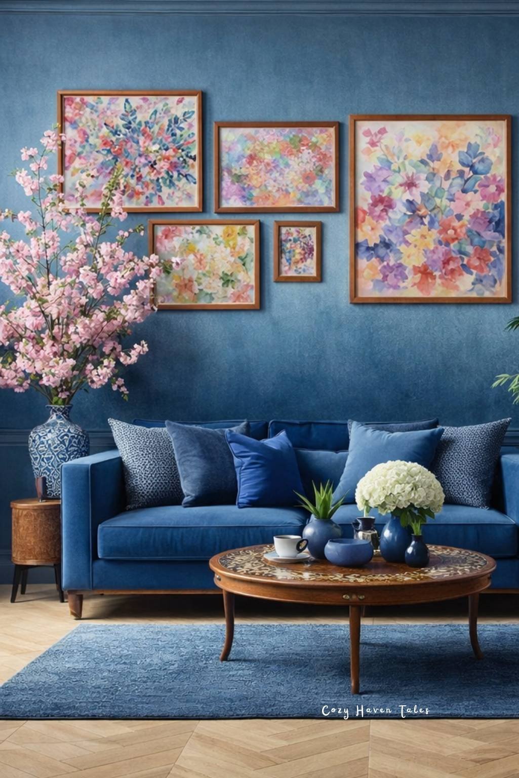 Modern blue living room with floral artwork and warm wooden coffee table.