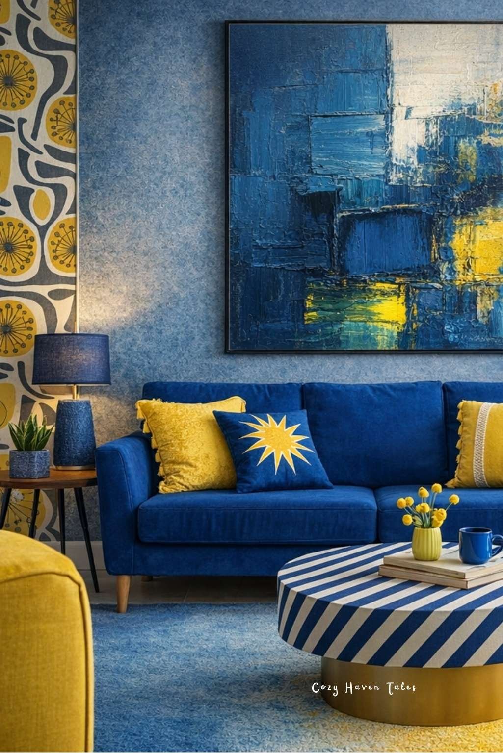 Cobalt blue sofa with mustard cushions, abstract artwork, and warm ambient lighting in a modern living room.