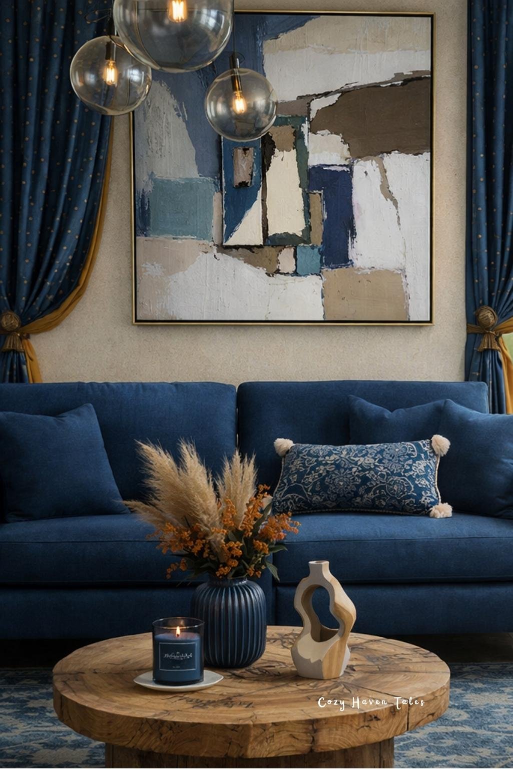 Navy blue sofa styled with neutral cushions, warm wood coffee table, and soft pendant lighting.