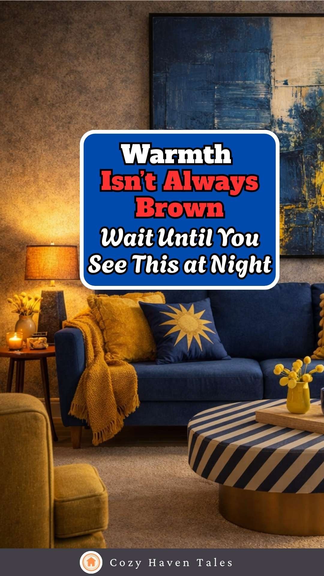 Moody navy living room with warm lighting and bold accents showing how blue is the warmest color in a cozy interior.