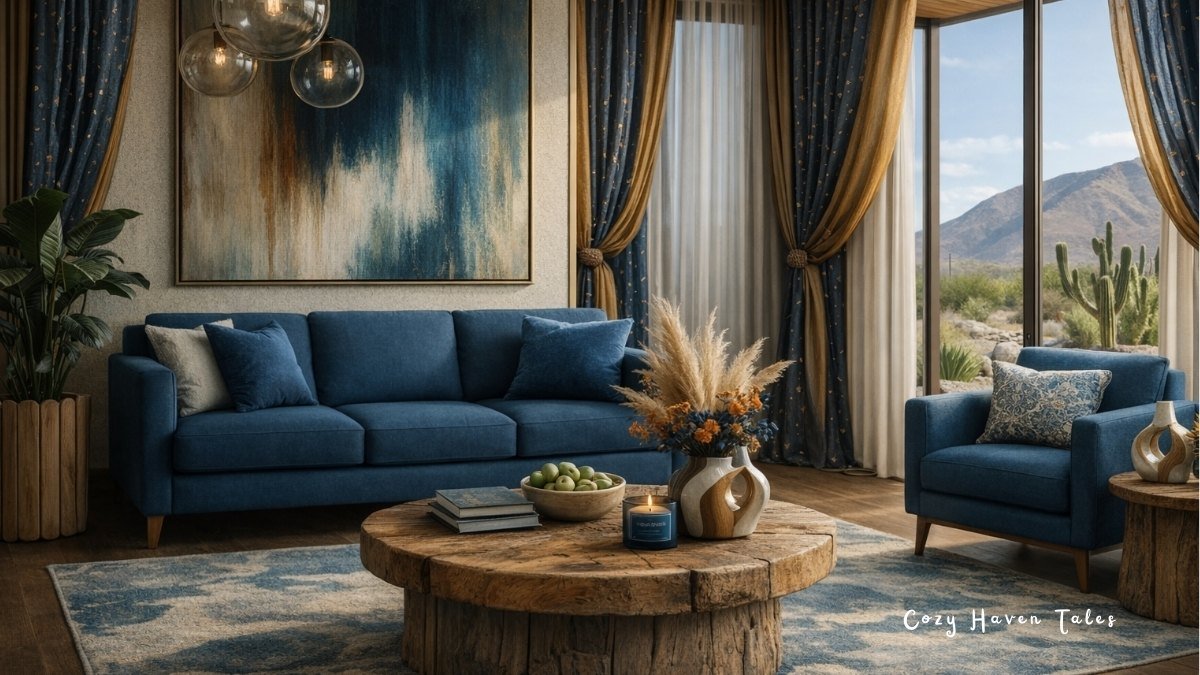 Navy blue living room with warm wood coffee table, textured rug, and soft lighting showing how blue is the warmest color in cozy interior design.