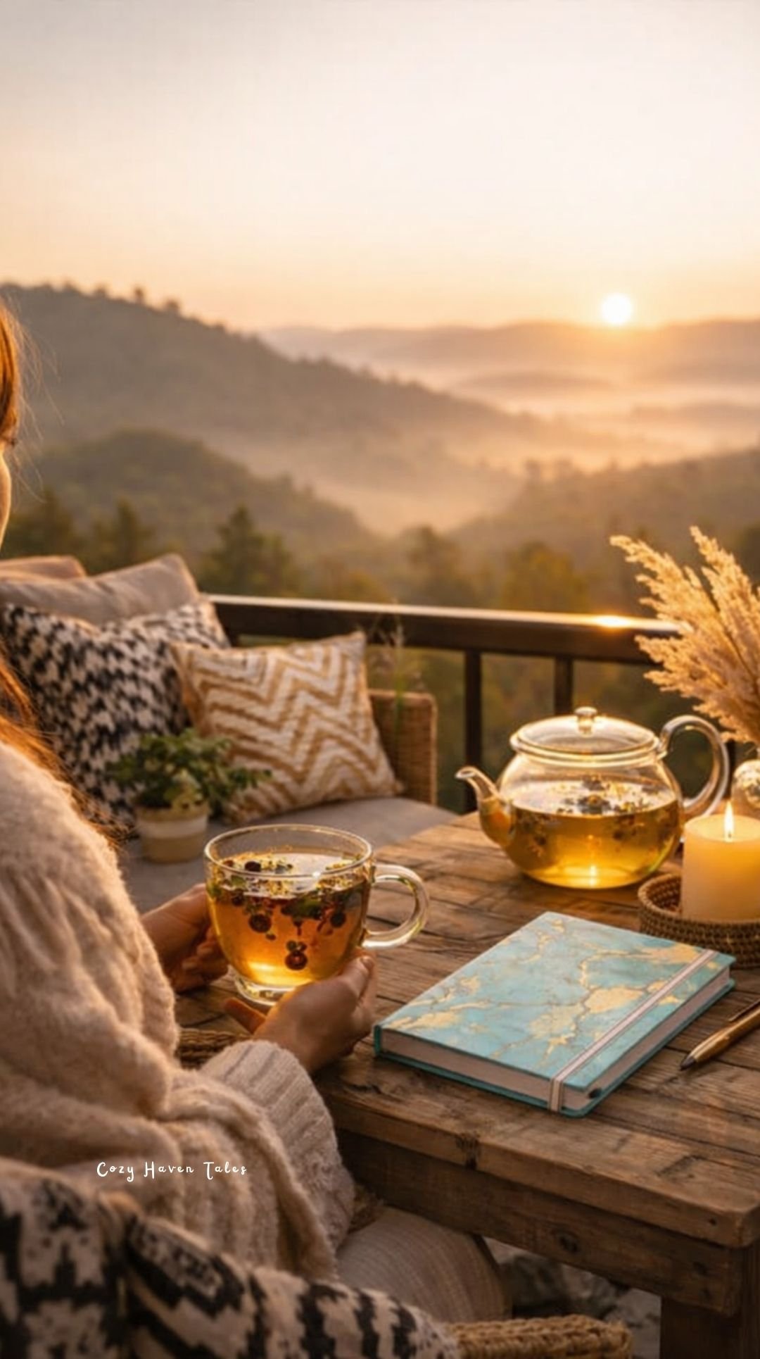 Cozy nook ideas with a balcony setup featuring tea, books, soft blankets, and a scenic sunrise view
