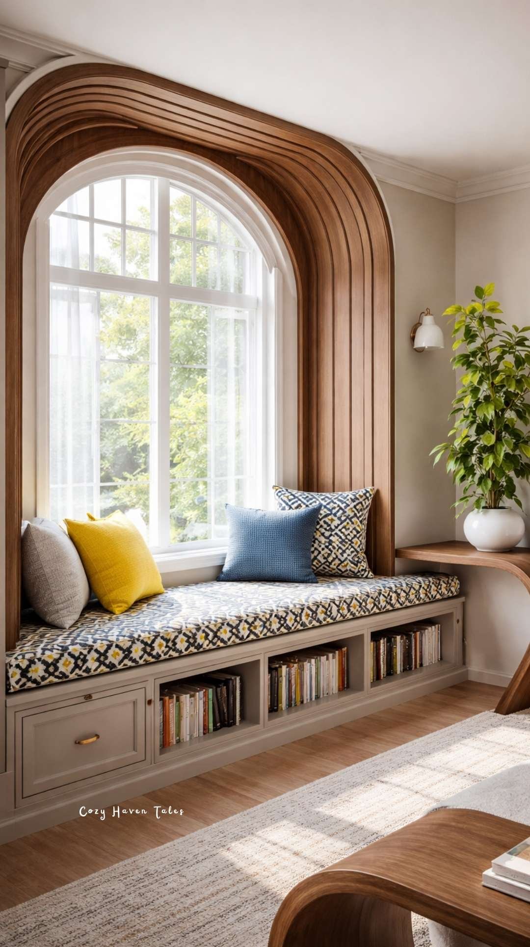 Cozy nook ideas with a built-in window seat, cushions, natural light, and wooden accents