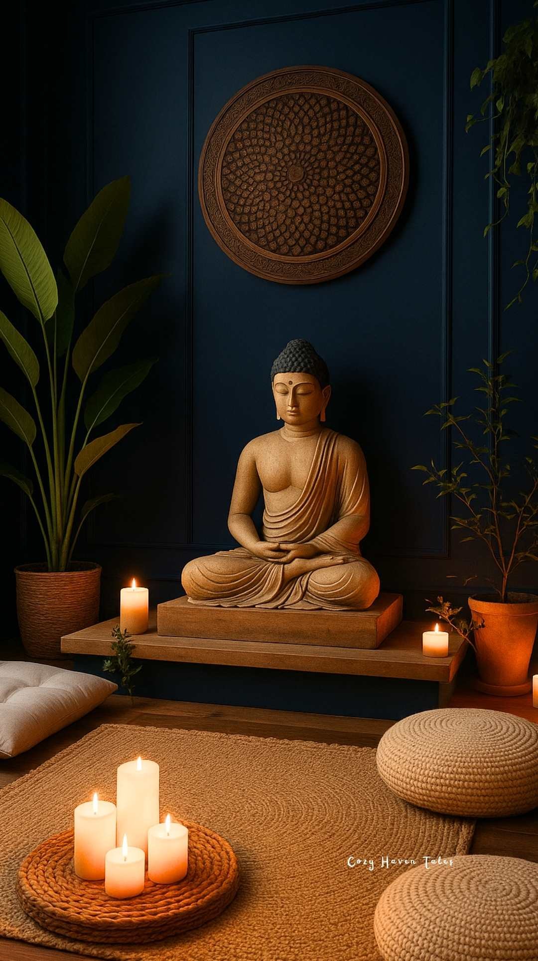 Cozy nook ideas with a serene meditation corner, Buddha statue, candles, cushions, and calming decor
