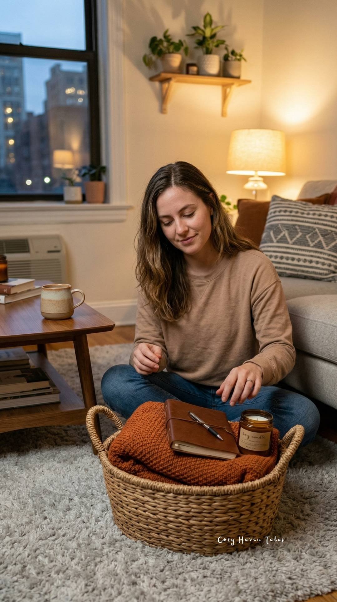 Woman sitting on the floor with a woven basket, blanket, tea cup, and warm evening lighting