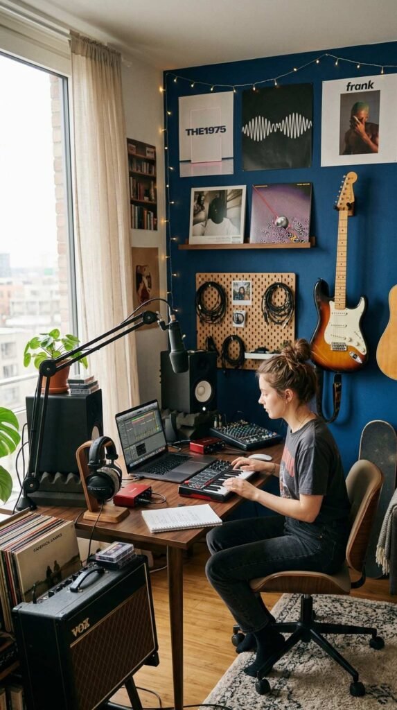 Cozy music room nook with guitars on the wall, desk setup, and a person working near a bright window