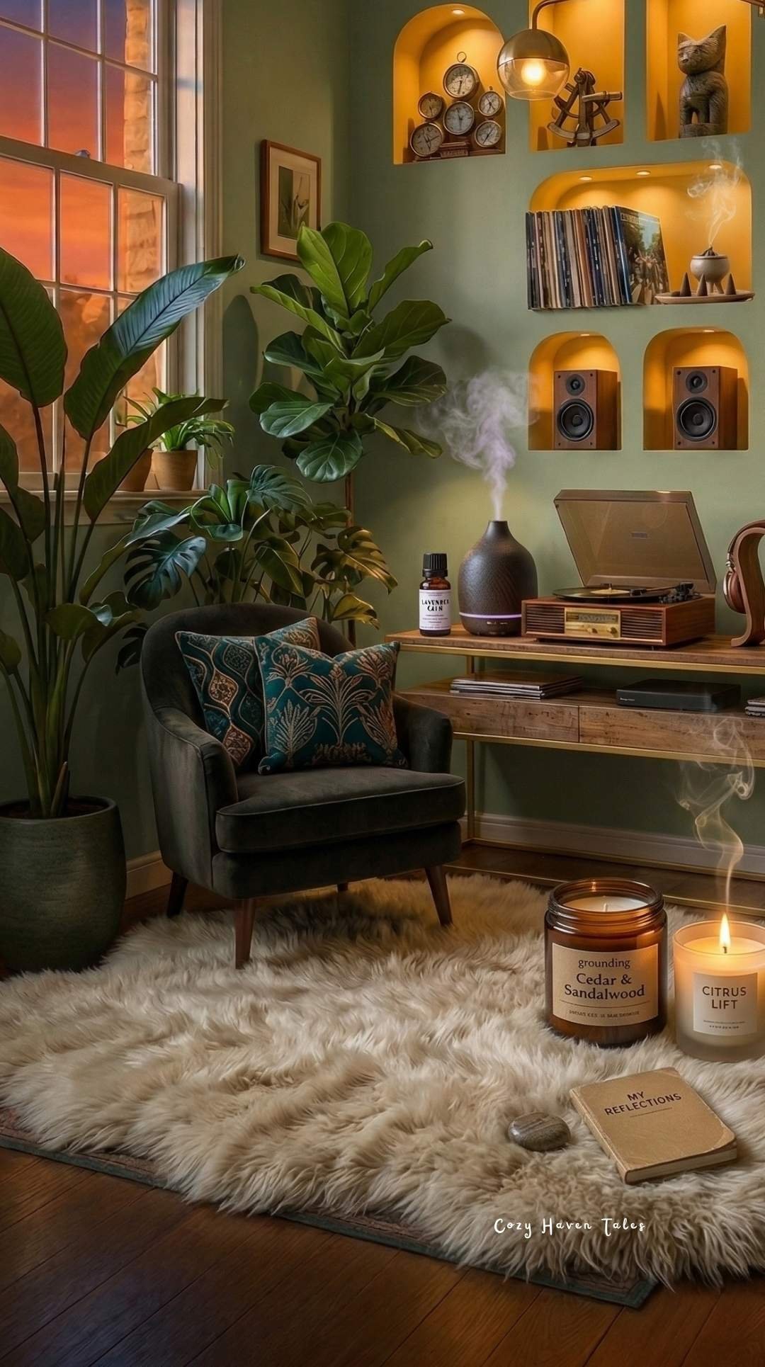 Fragrance nook with lit candles, indoor plants, cozy chair, and warm ambient lighting