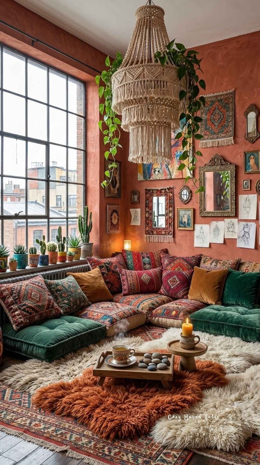 Floor cushion nook with colorful pillows, textured rugs, large windows, and warm boho decor