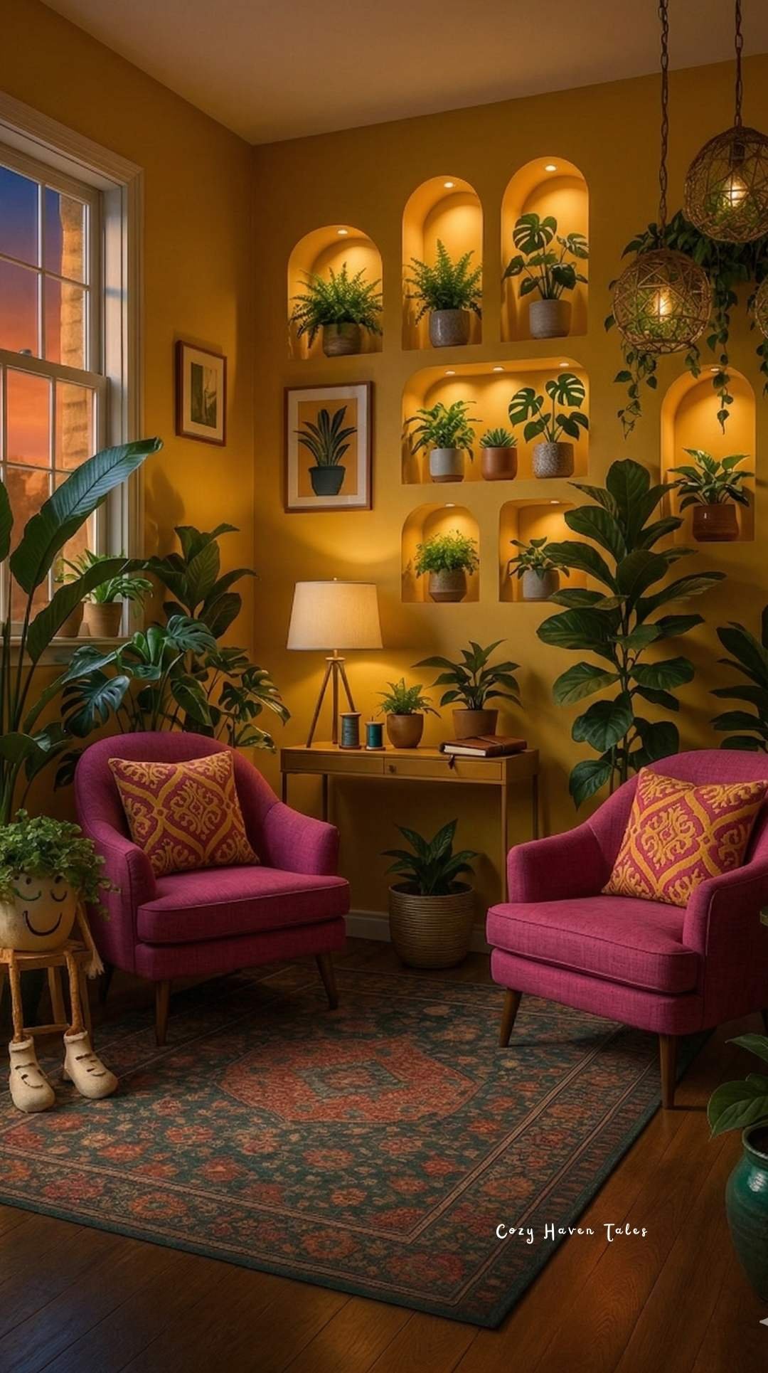 Warm indoor corner with pink armchairs, wall plants, soft lighting, and decorative shelves