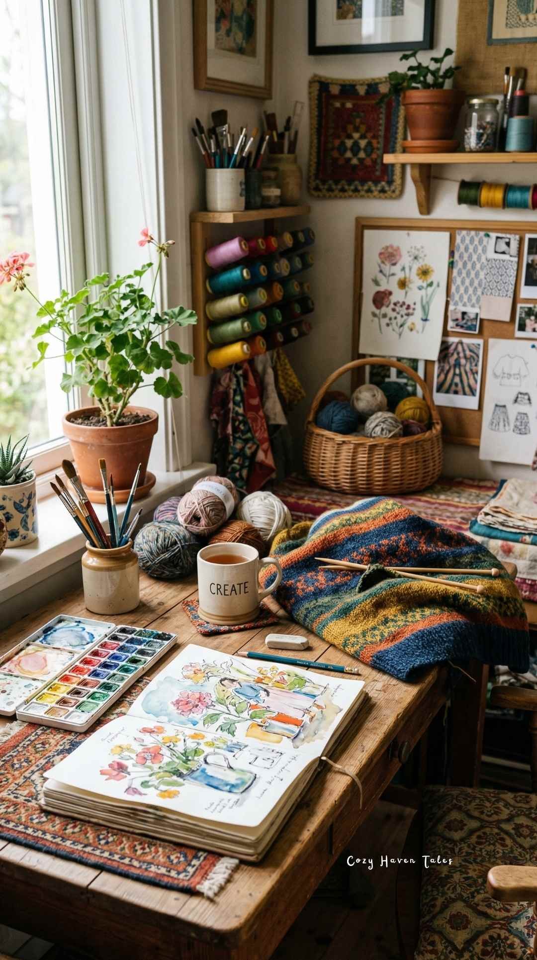Bright creative corner with art supplies, plants, yarn basket, and a cozy floor seating setup