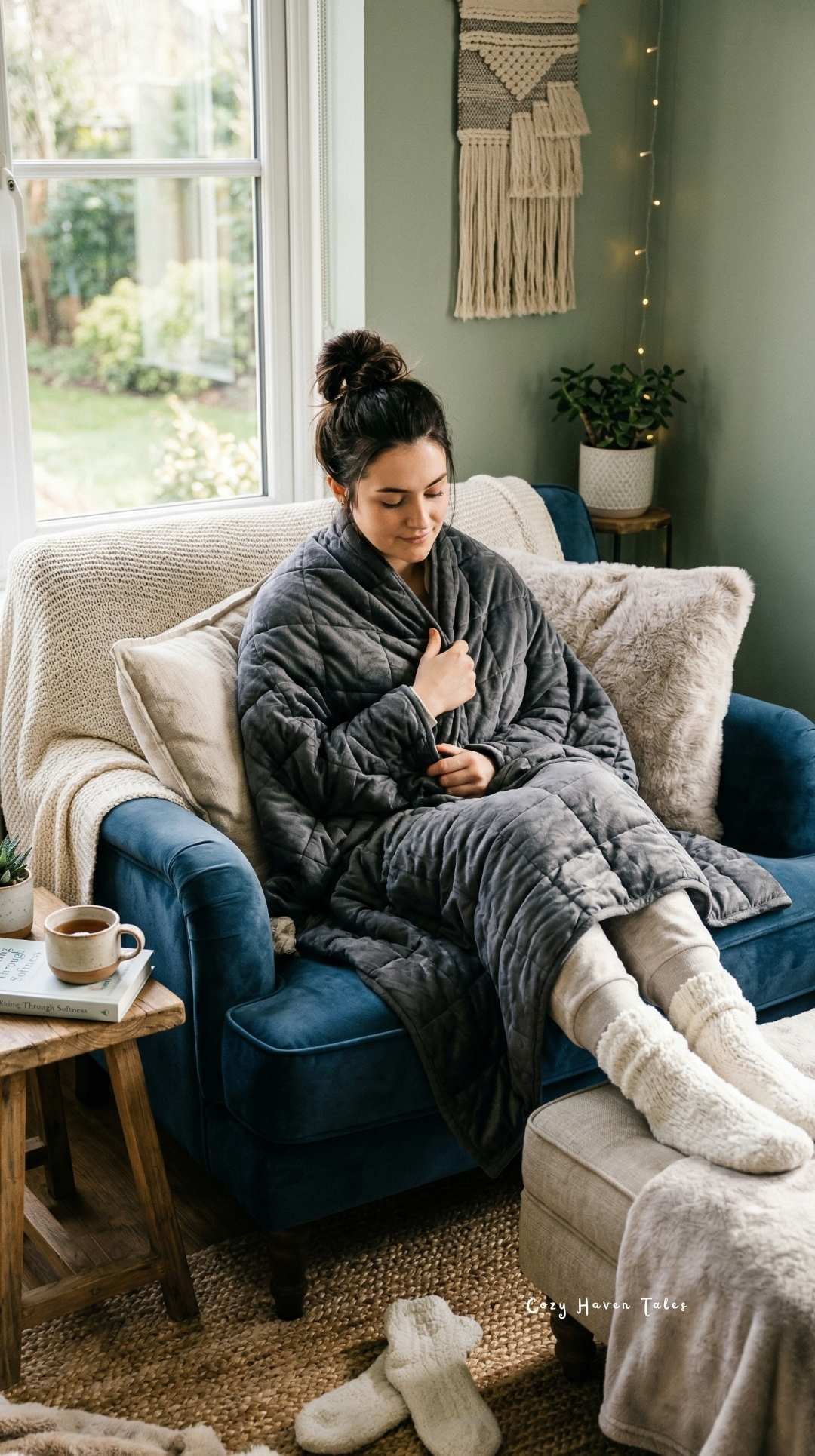 Woman relaxing in a cushioned armchair with a warm blanket, soft lighting, and a peaceful home setting