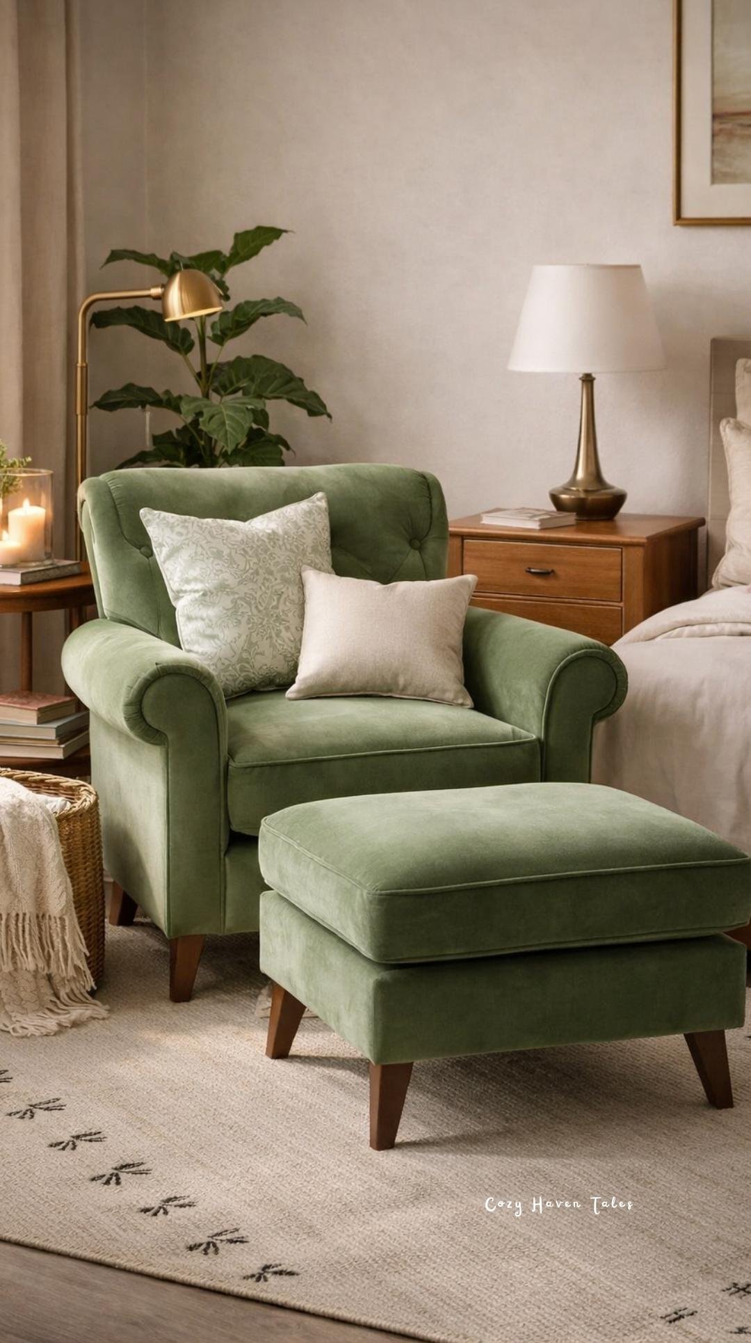 Green armchair with matching ottoman, neutral decor, indoor plant, and soft ambient lighting