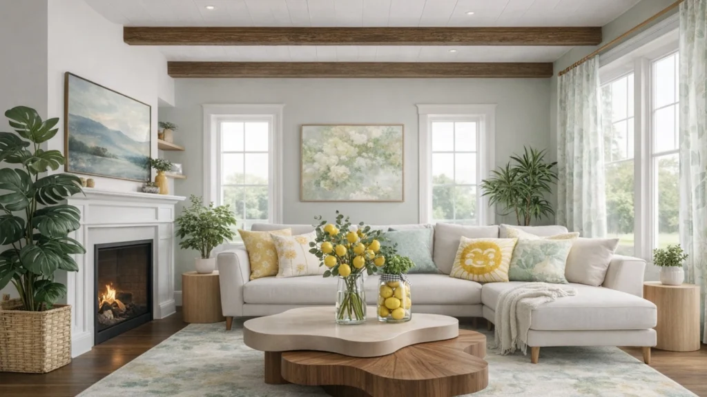 Summer living room decor ideas around off white sofa with lemon accents, wood coffee table, greenery, and bright windows