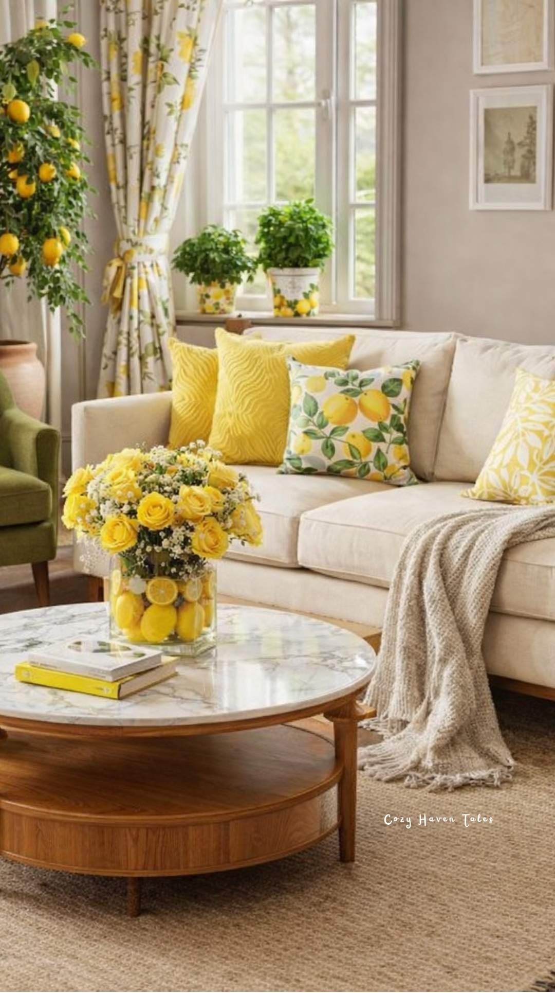Summer living room decor ideas around off white sofa with yellow floral pillows, fresh flowers, and sunlit windows