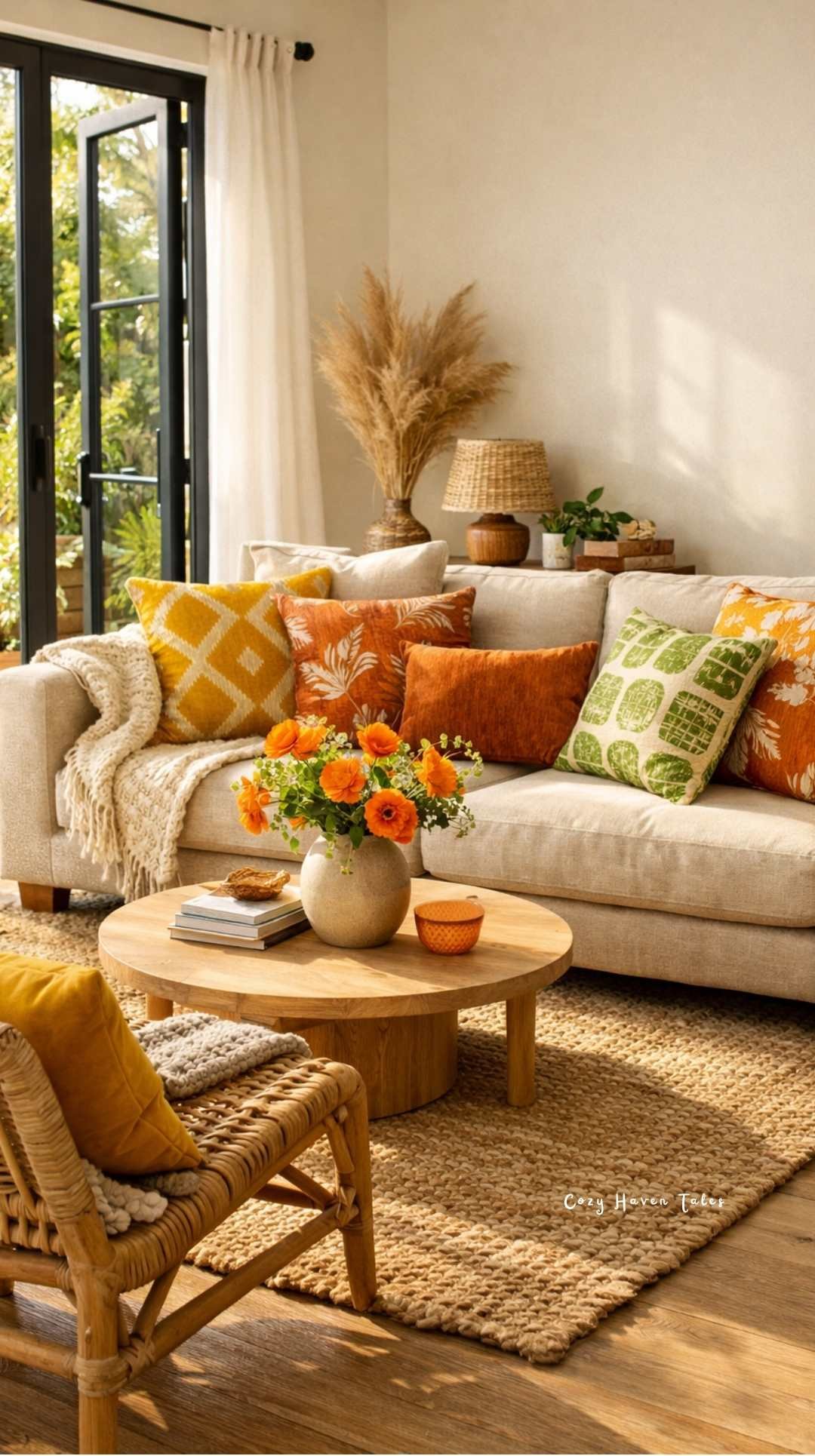 Summer living room decor ideas around off white sofa with orange accents, textured pillows, and warm sunlight
