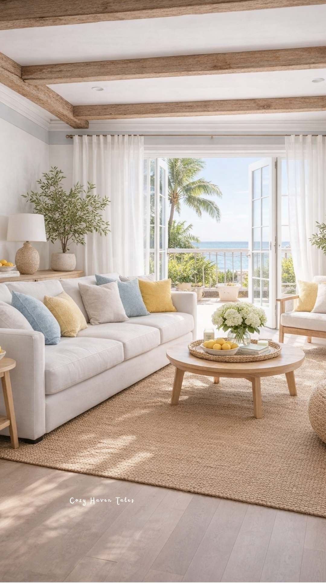 Summer living room decor ideas around off white sofa in bright airy space with coastal style and light wood tones