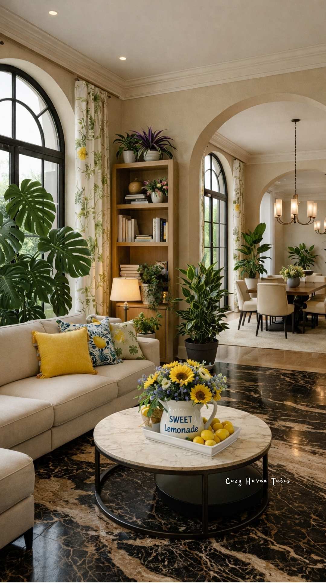 Summer living room decor ideas around off white sofa with marble coffee table, neutral tones, indoor plants, and arched windows