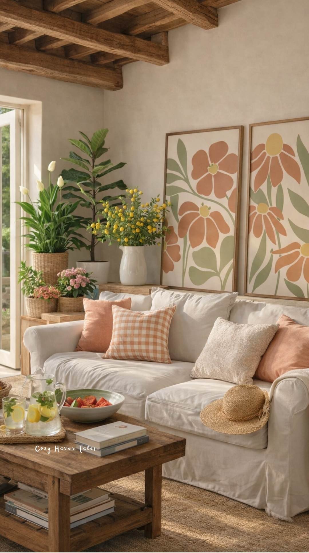 Summer living room decor ideas around off white sofa with botanical art, greenery, and rustic wood beams