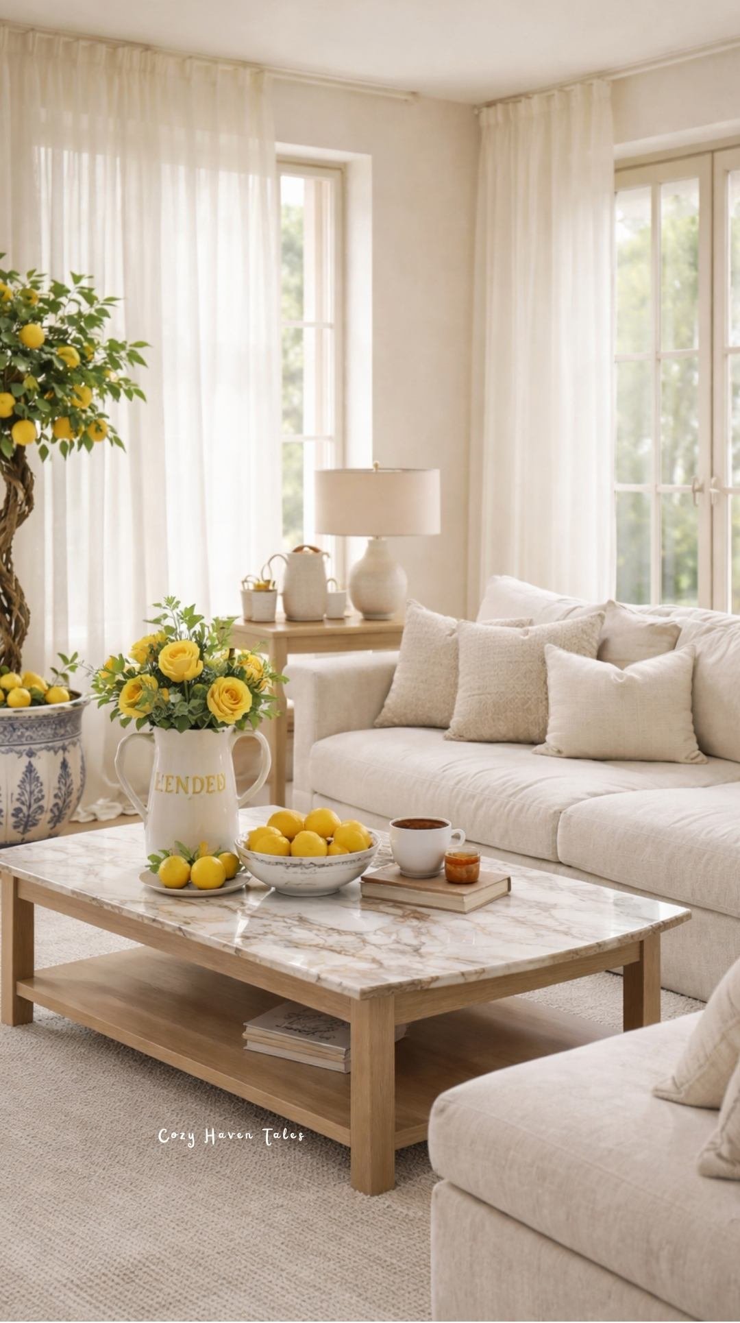 Summer living room decor ideas around off white sofa with neutral palette, fresh flowers, and light wood furniture