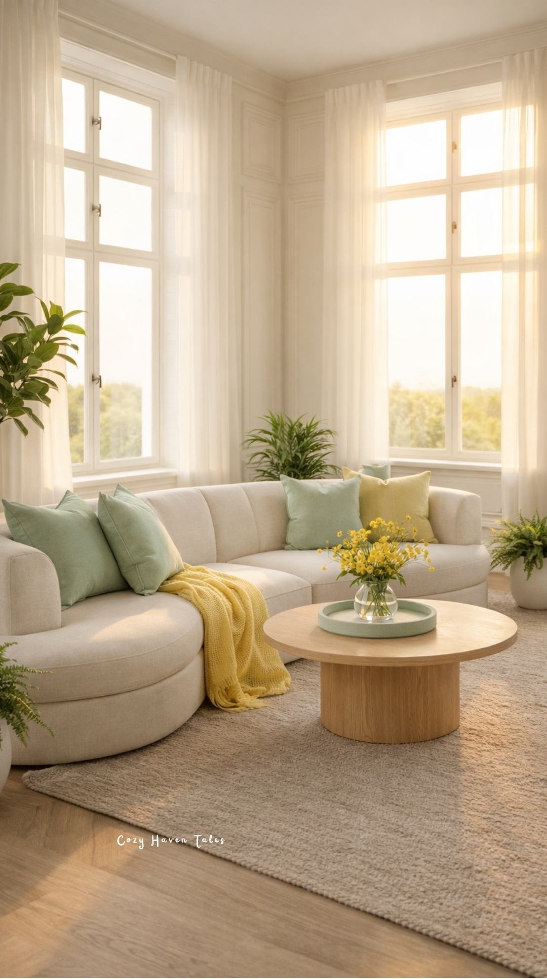 Summer living room decor ideas around off white sofa with curved design, neutral tones, and bright natural light