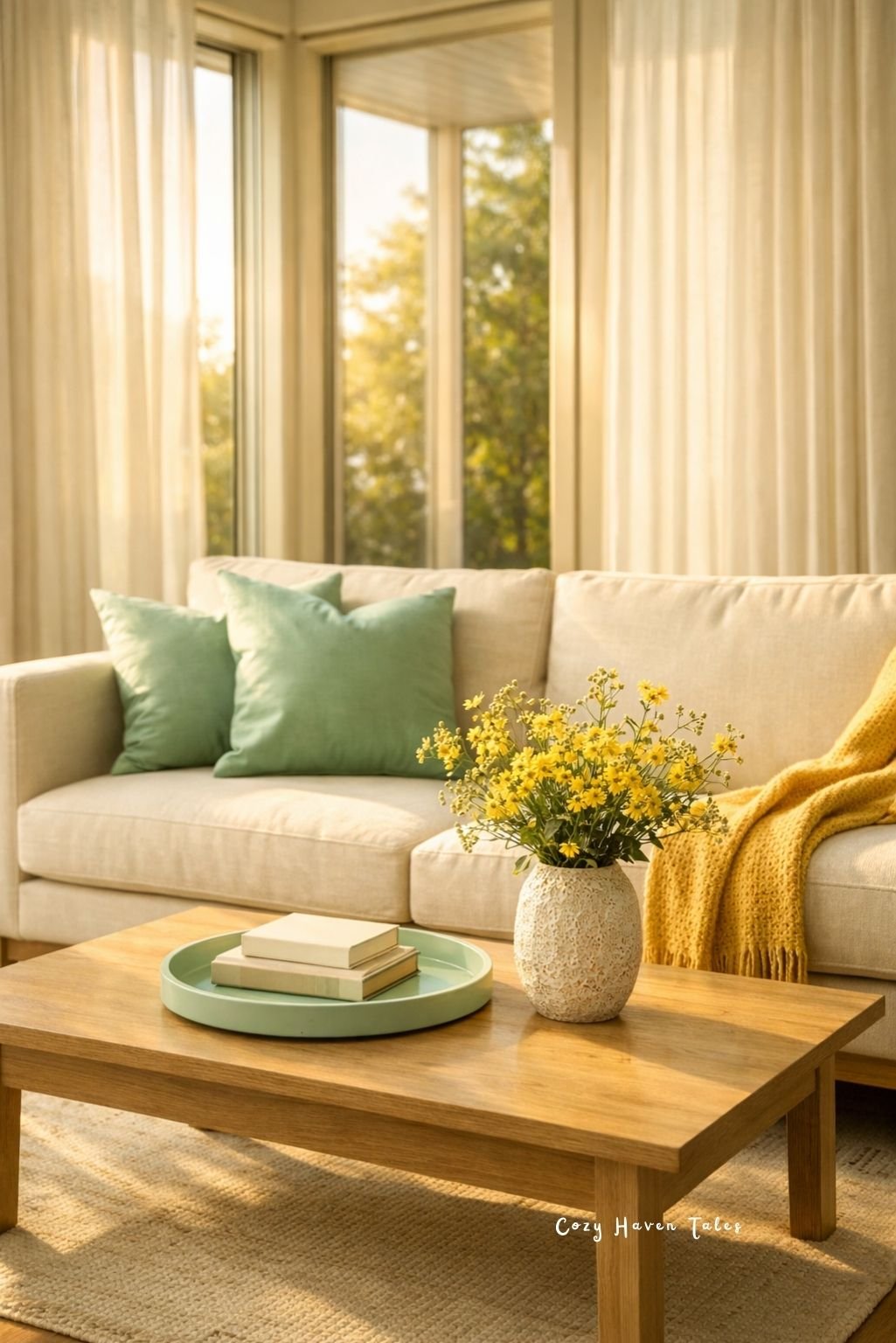 Summer living room decor ideas around off white sofa with green pillows, yellow throw, and sunlit curtains