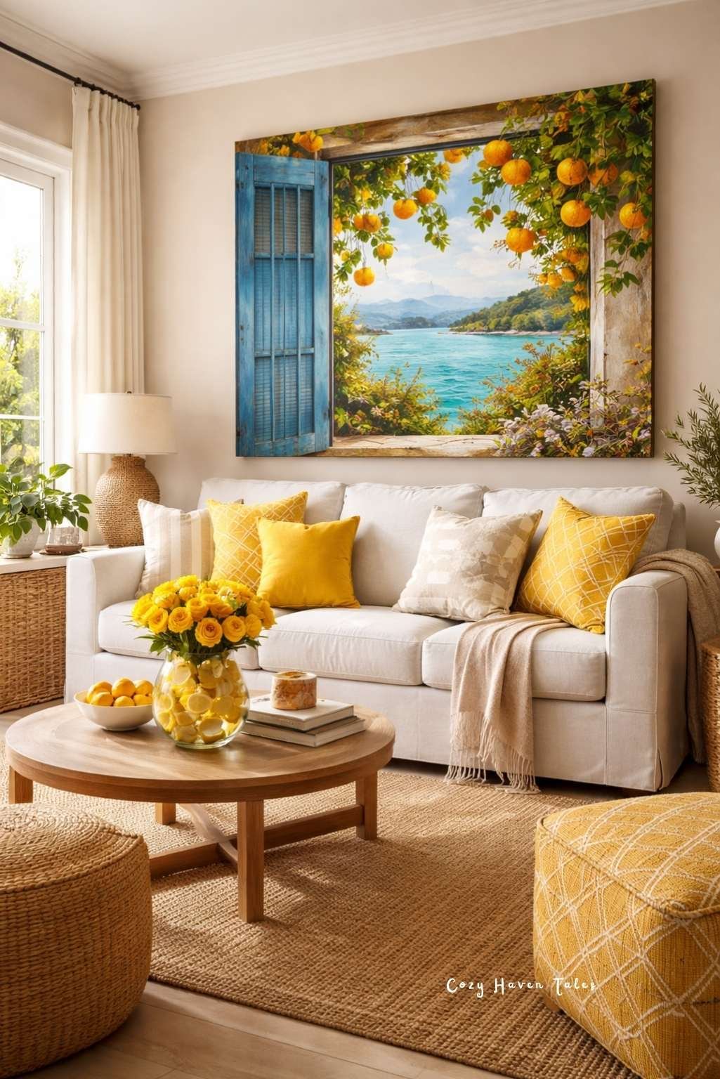Summer living room decor ideas around off white sofa with yellow cushions, coastal artwork, and warm wood tones