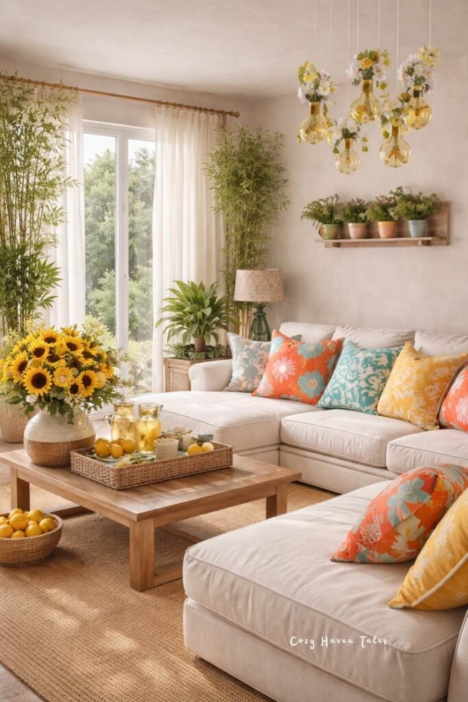 Summer living room decor ideas around off white sofa with orange and yellow pillows, greenery, and soft neutral tones