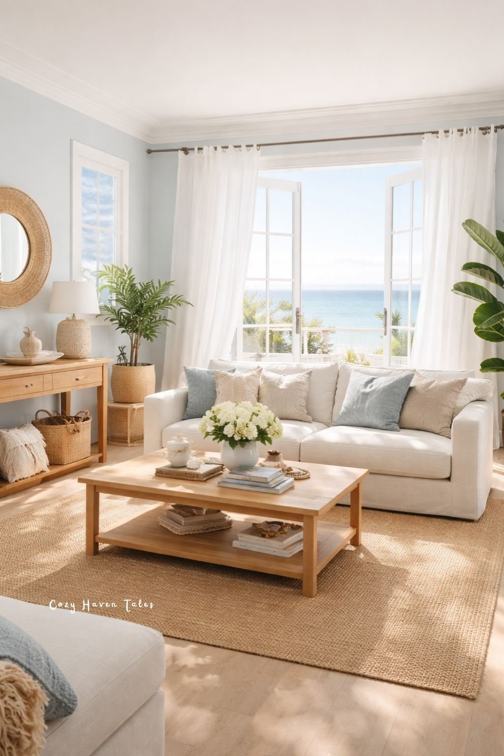 Light-filled living room with neutral sofa, wooden coffee table, and coastal view