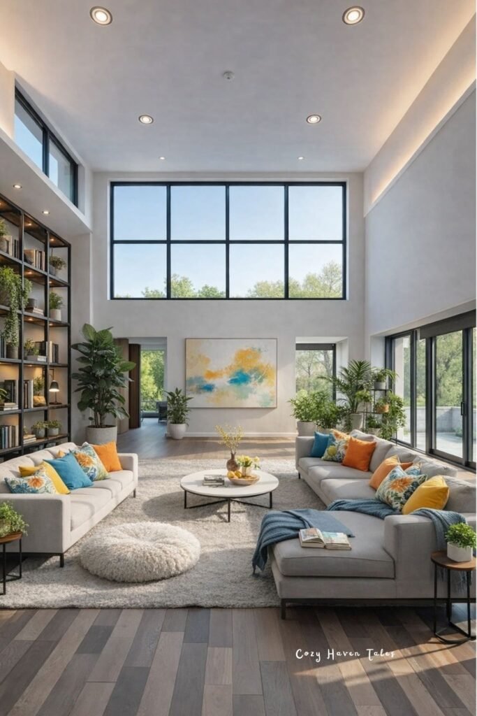 Modern living room with high ceilings, large windows, sectional sofa, and colorful accents