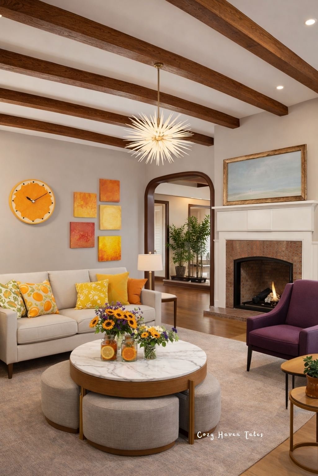 Bright living room with exposed wood beams, neutral sofa, round ottoman, and fireplace