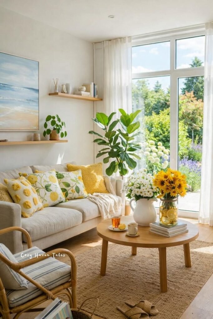 Summer living room decor ideas around off white sofa with yellow accents, indoor plants, and bright natural light