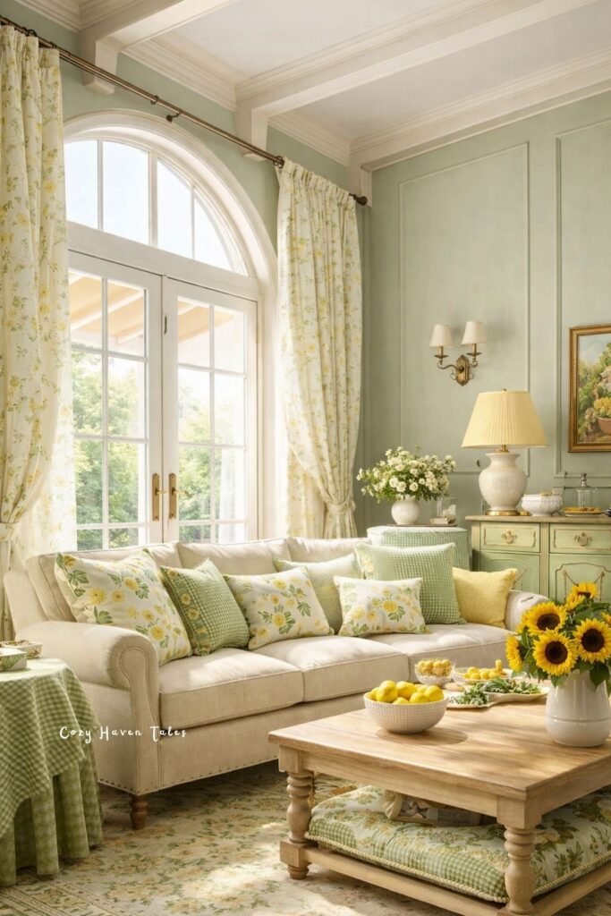 Summer living room decor ideas around off white sofa with pastel green accents, floral decor, and classic windows