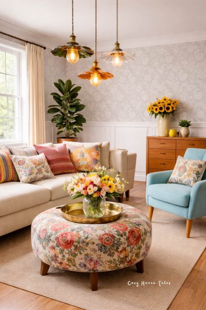 Summer living room decor ideas around off white sofa with floral ottoman, pastel accents, and pendant lighting