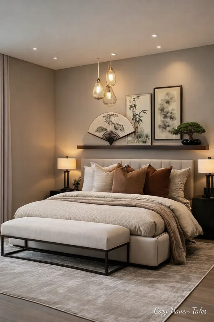 Modern bedroom with floating shelves, pendant lights and neutral decor