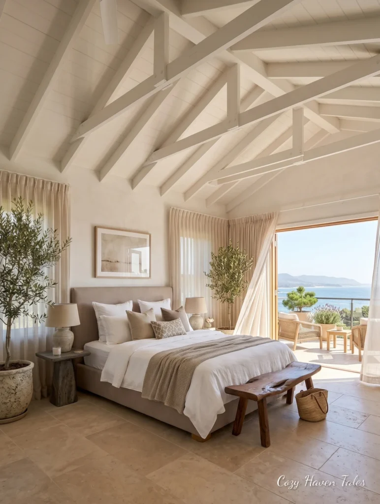 An airy white summer bedroom with large windows and an inviting window bench