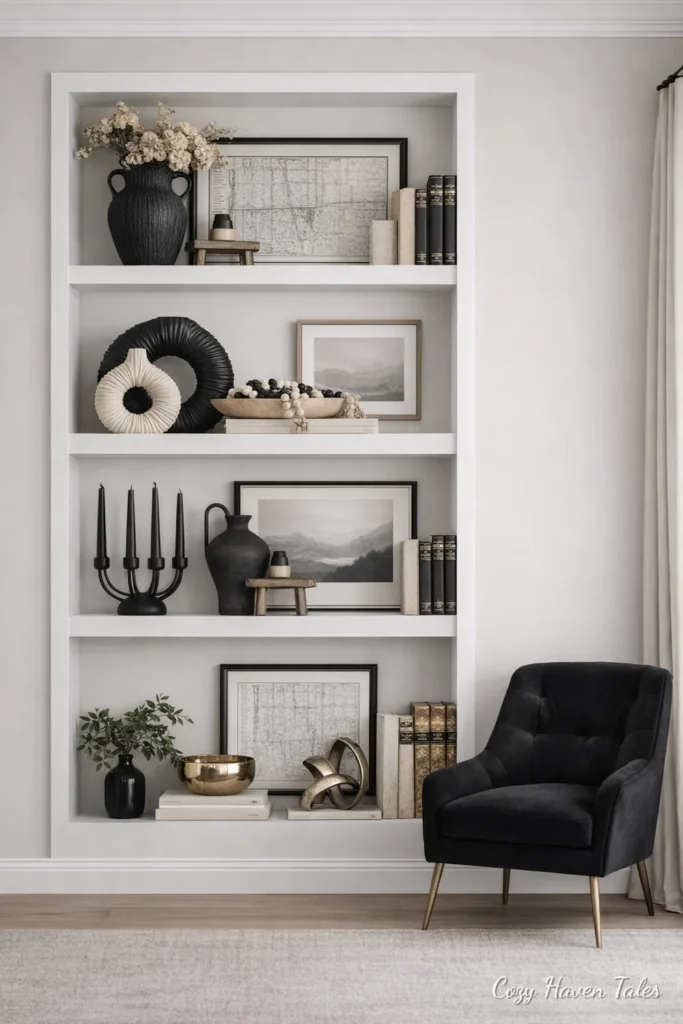 Built-in alcove open shelving displaying vases and decor in a living room