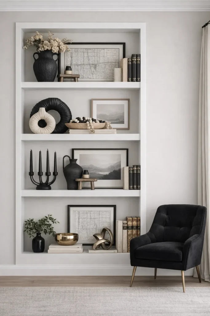Built-in alcove open shelving displaying vases and decor in a living room