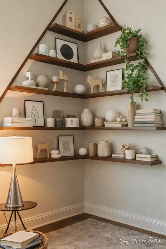Geometric wood corner open shelves styled with decor and plants