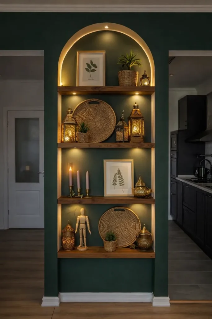 Arched niche open shelving with LED lighting against a green wall