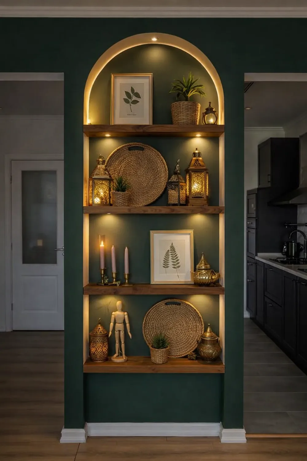 Arched niche open shelving with LED lighting against a green wall