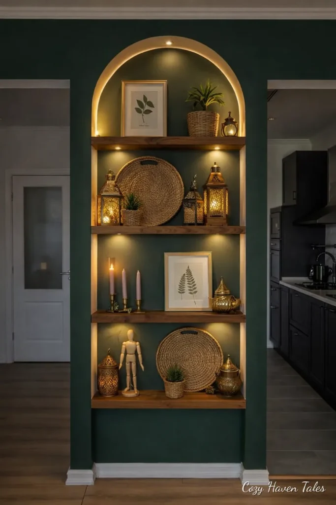 Arched niche open shelving with LED lighting against a green wall