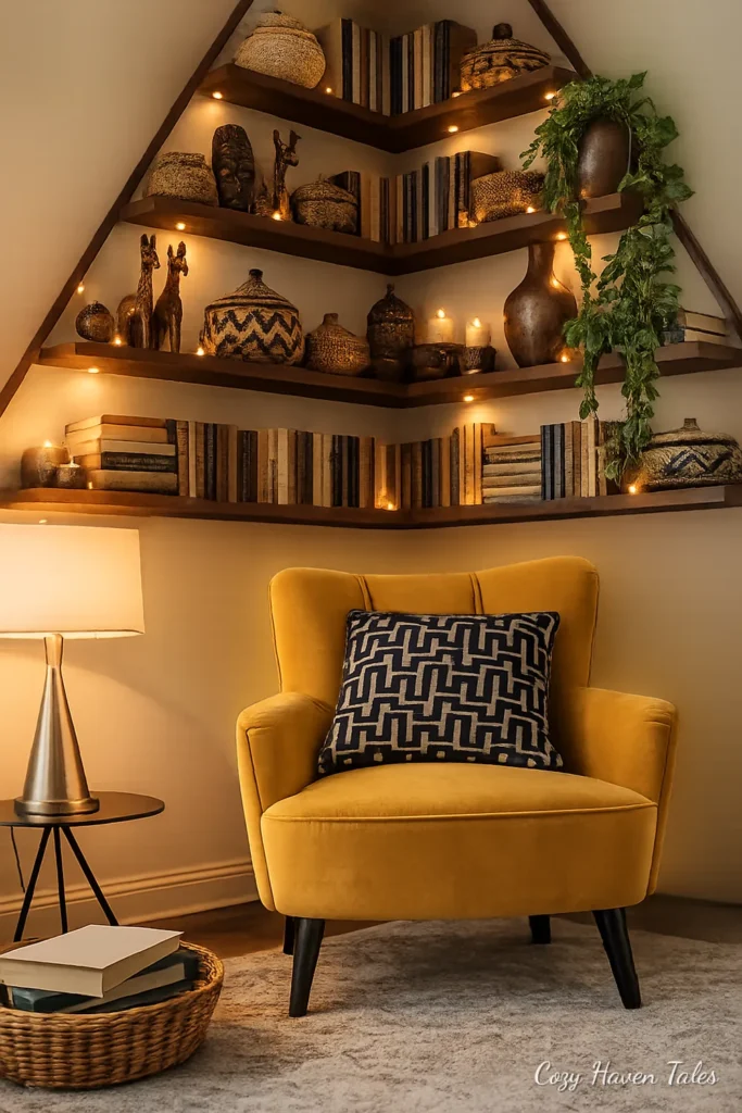 A-frame attic corner open shelves with books beside a yellow chair